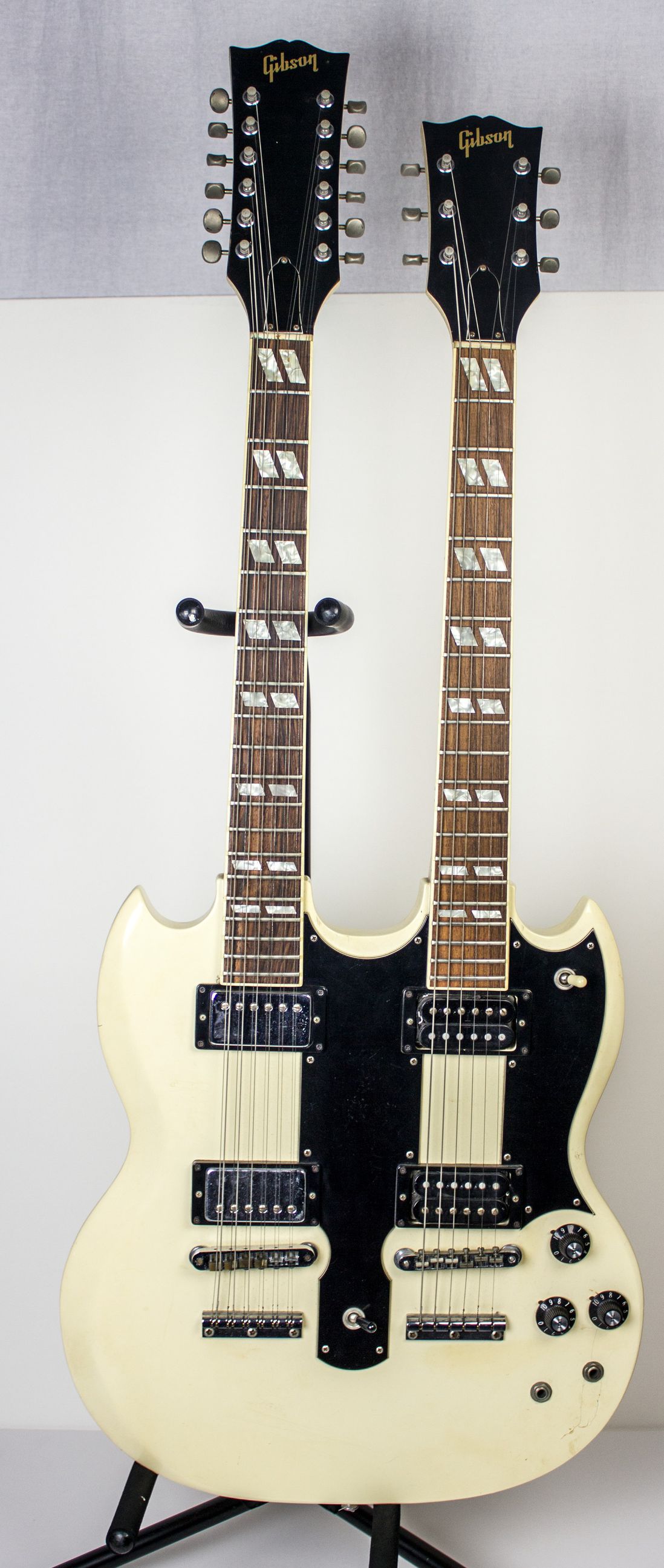 Don Felder of the Eagles used this white double-neck Gibson guitar in order to play both the six string and twelve string parts of “Hotel California” in live performances.